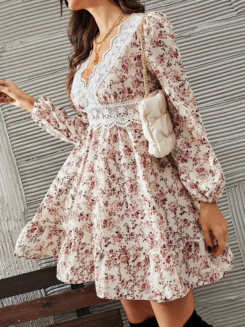 Cara - Boho Floral Dress with Deep V-neck and Lace Details