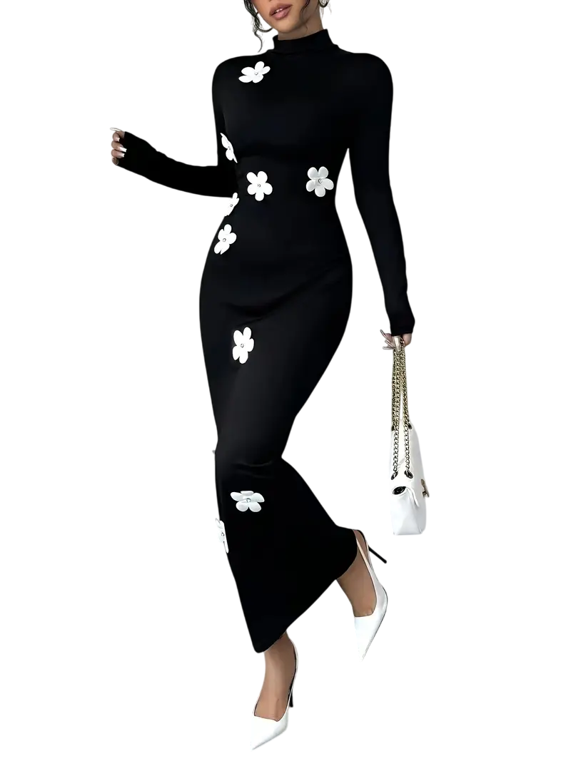 Quinby - Elegant Black Midi Dress with 3D Floral Appliqués