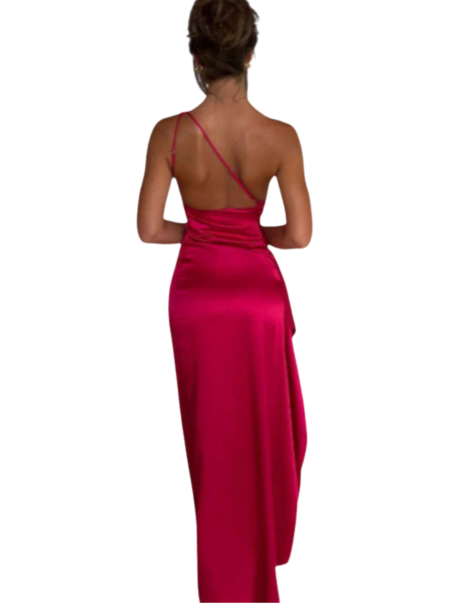 Olivianne - Elegant Pleated Satin Slit Dress with One-Shoulder Design