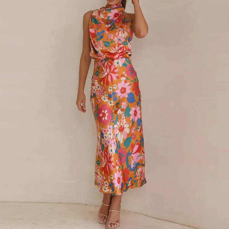 Idalia - Elegant Floral Halter Midi Dress for Formal Occasions