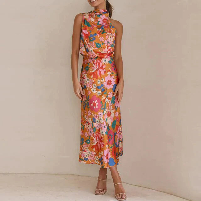 Idalia - Elegant Floral Halter Midi Dress for Formal Occasions