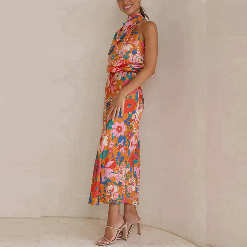 Idalia - Elegant Floral Halter Midi Dress for Formal Occasions