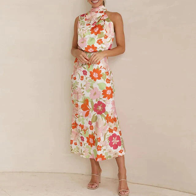 Idalia - Elegant Floral Halter Midi Dress for Formal Occasions