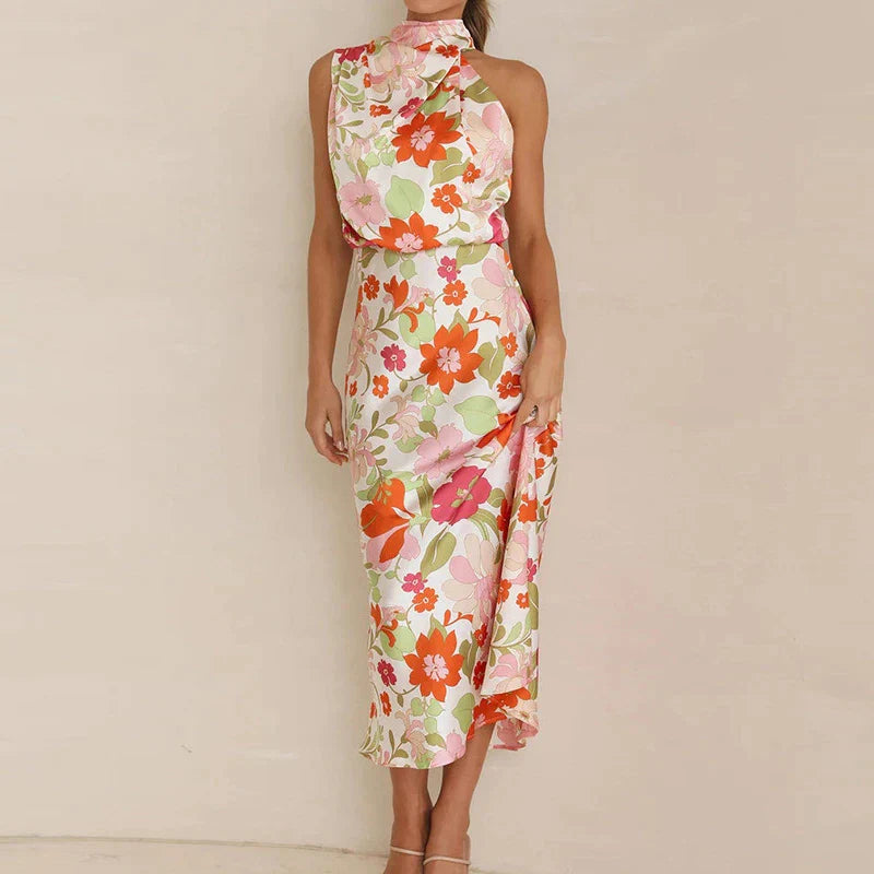 Idalia - Elegant Floral Halter Midi Dress for Formal Occasions