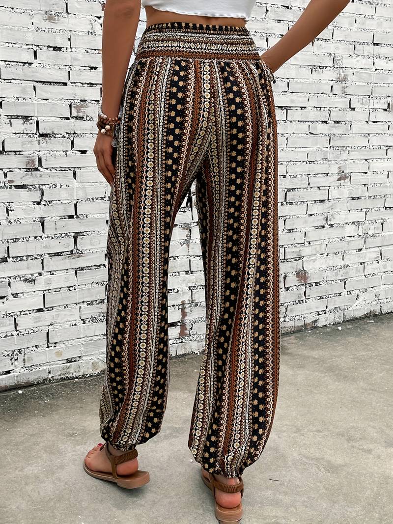Carra - Stylish Women's Trousers with Gathered Waist and Tribal Print