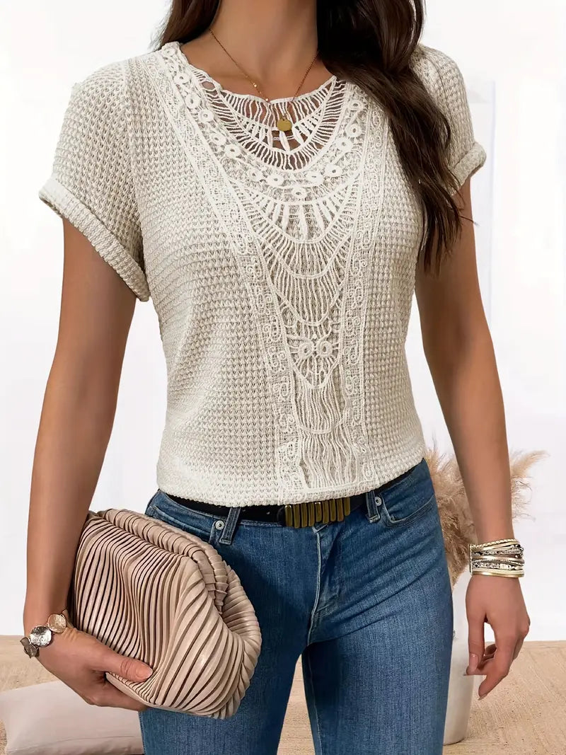 Bella - Stylish Crochet Knit Top with Vintage Charm and Lace Trim