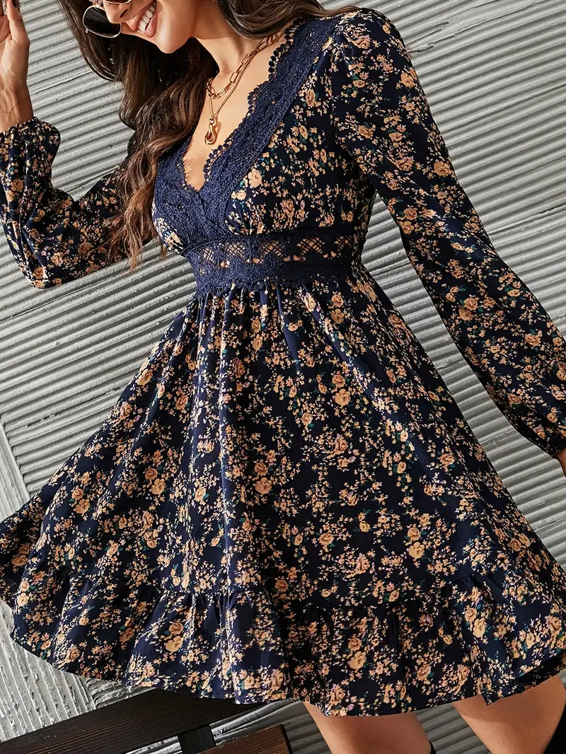 Cara - Boho Floral Dress with Deep V-neck and Lace Details