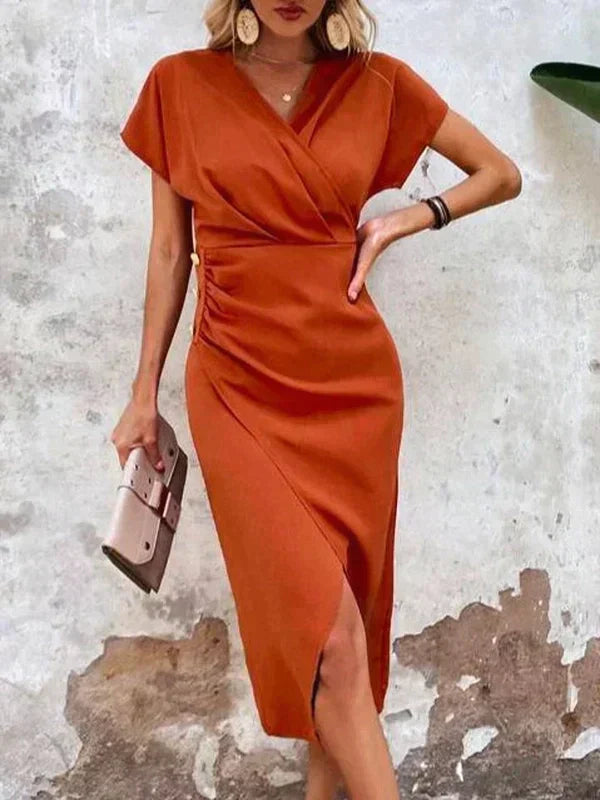 Chael - Elegant Women's V-neck Midi Dress in Vibrant Orange