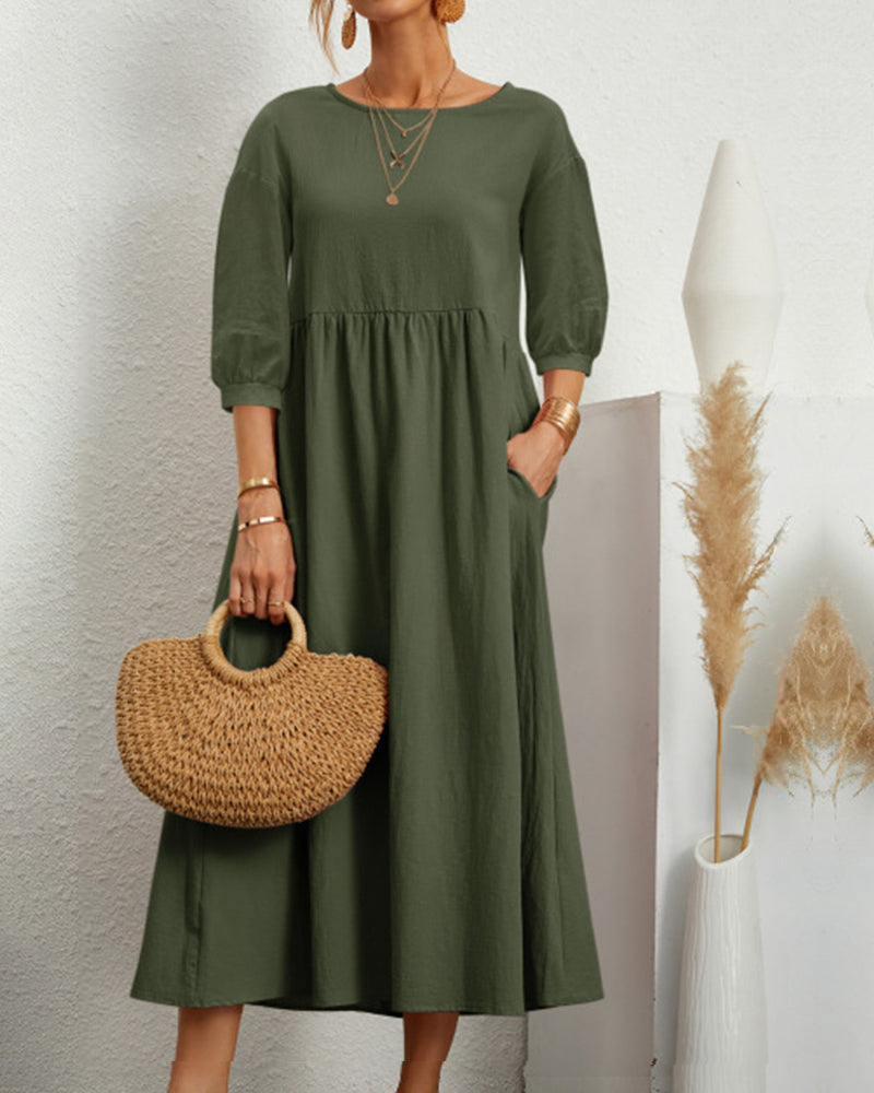 Zafira - Premium Women's Midi Dress with Lantern Sleeves and Round Neck