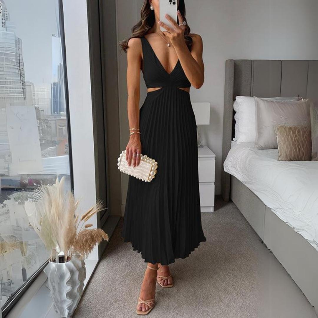 Imogene - Stylish Women's Midi Dress with Sleeveless V-neck and Pleated Skirt