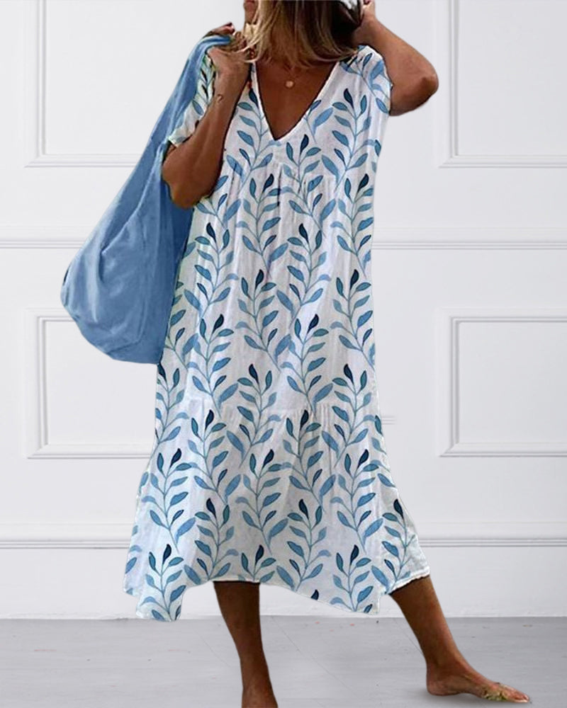 Theda - Elegant Women's V-neck Dress with Leaf Print