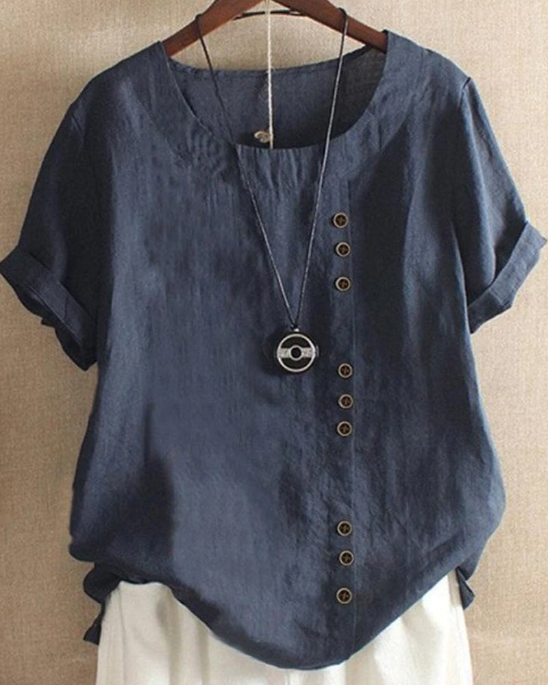 Adriana - Plain Short-Sleeved Blouse with Round Neck and Button Detail