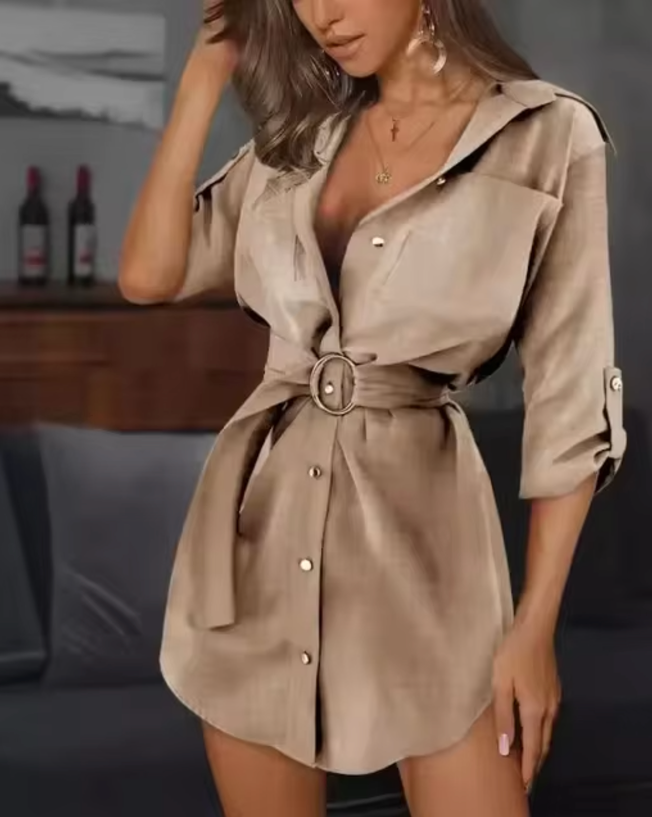 Nesta - Chic Button-Front Shirt Dress with Belt for Casual and Semi-Formal Events