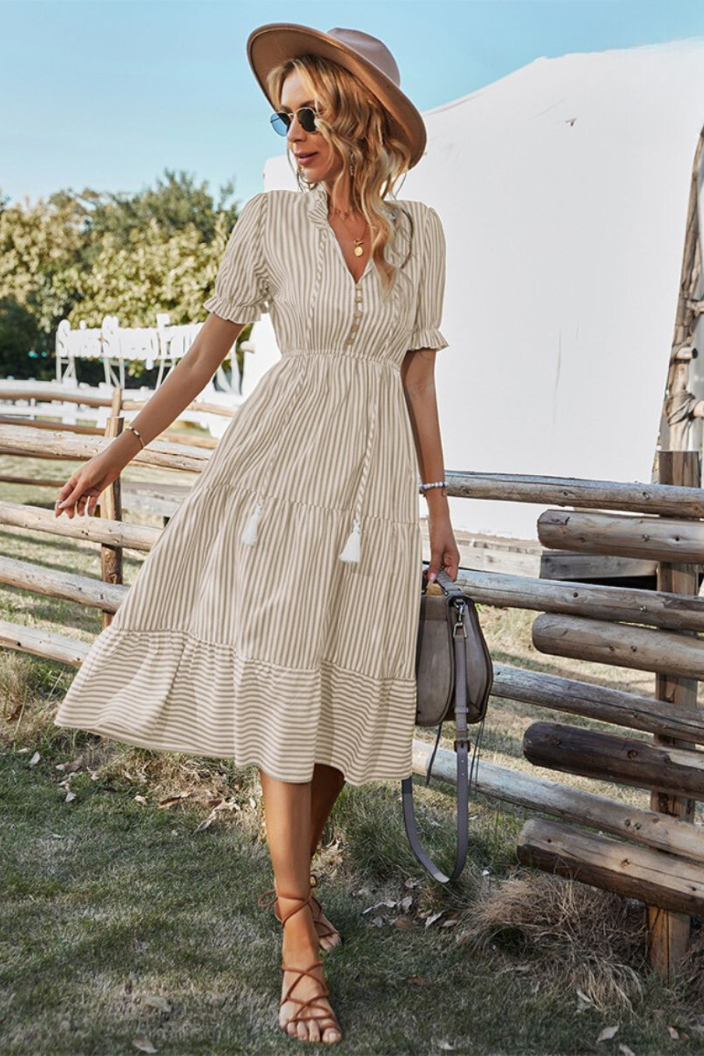 Laverne - Stylish Women's Midi Dress with V-neck and Tassel Details