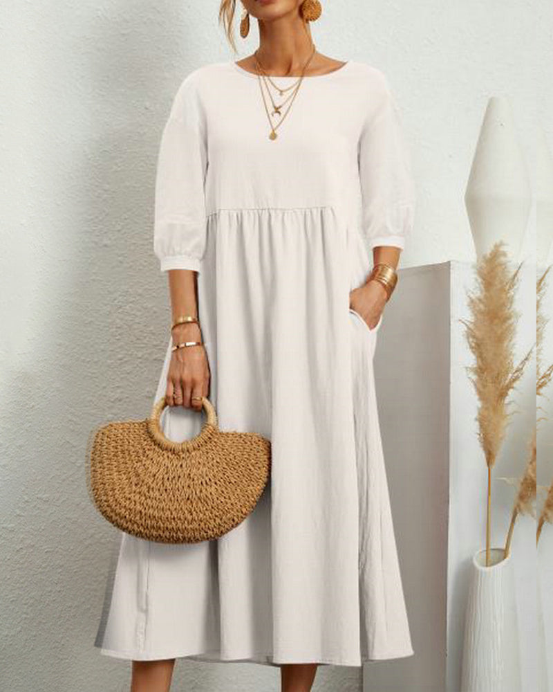 Zafira - Premium Women's Midi Dress with Lantern Sleeves and Round Neck