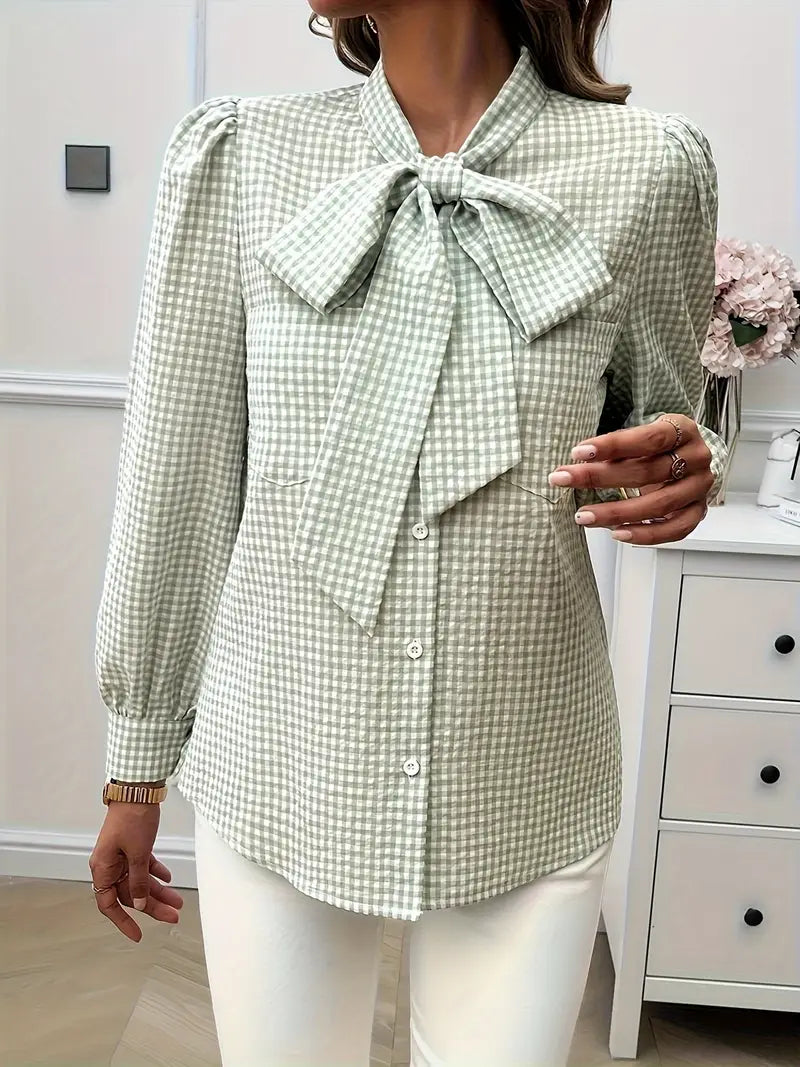 Karen - Charming Cotton Blouse with Bow Tie and Gingham Pattern