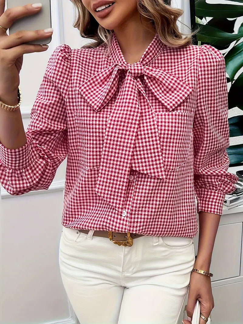 Karen - Charming Cotton Blouse with Bow Tie and Gingham Pattern
