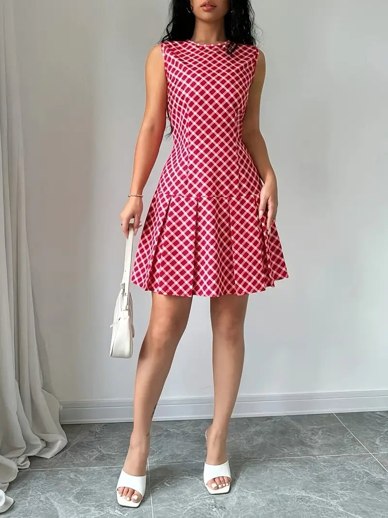 Carmen - Stylish Sleeveless Dress with Pleats and Checked Pattern