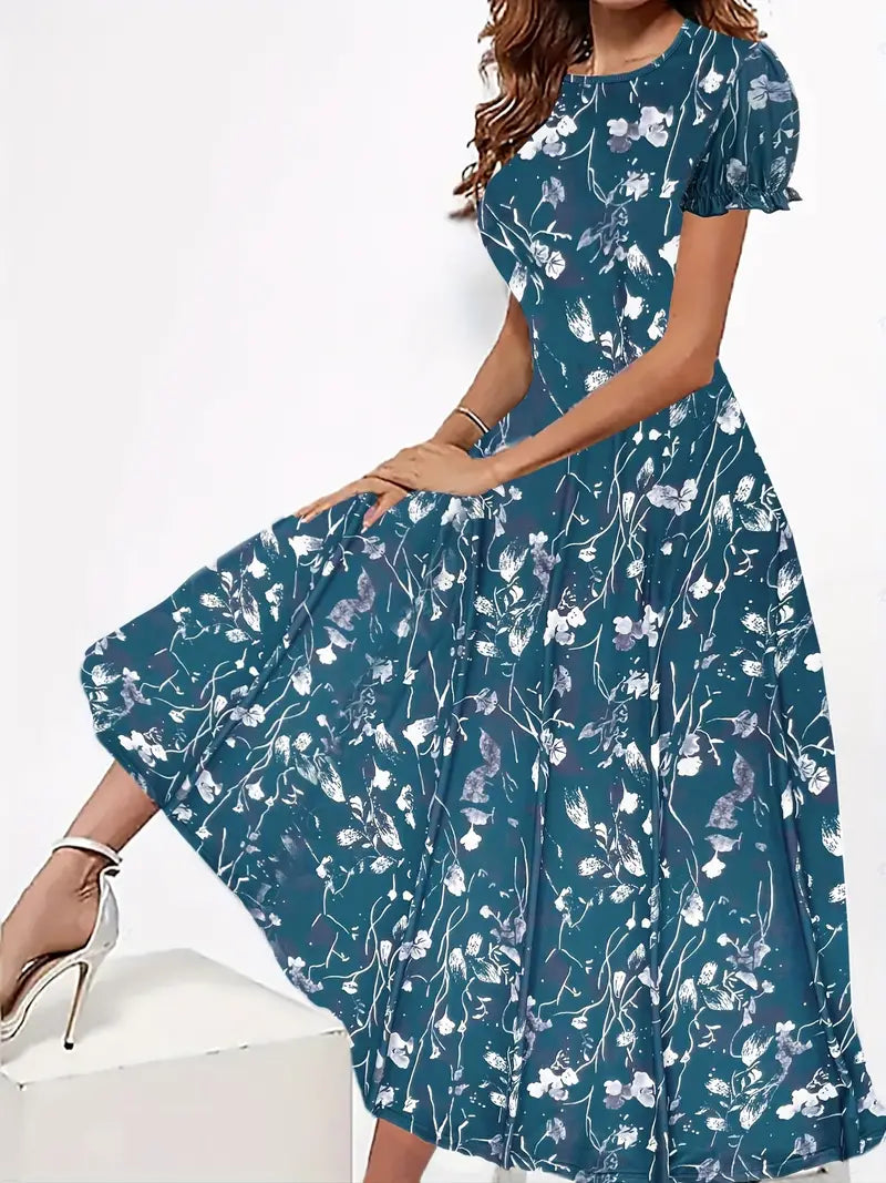 Pollyanna - Charming Floral-Print Round-Neck Dress for Spring and Summer
