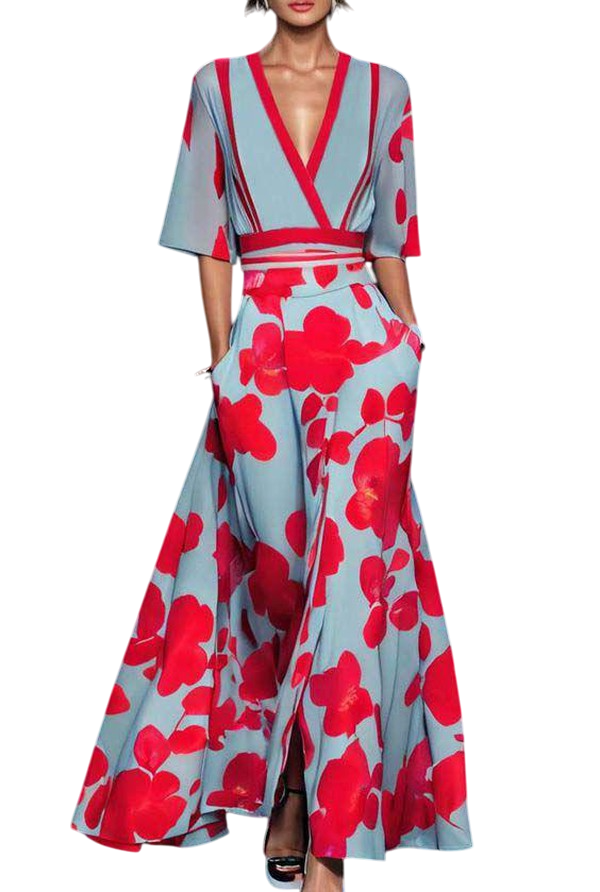 Fleur- Stunning Women's Long Dress with Deep V Neck and Flowing Skirt