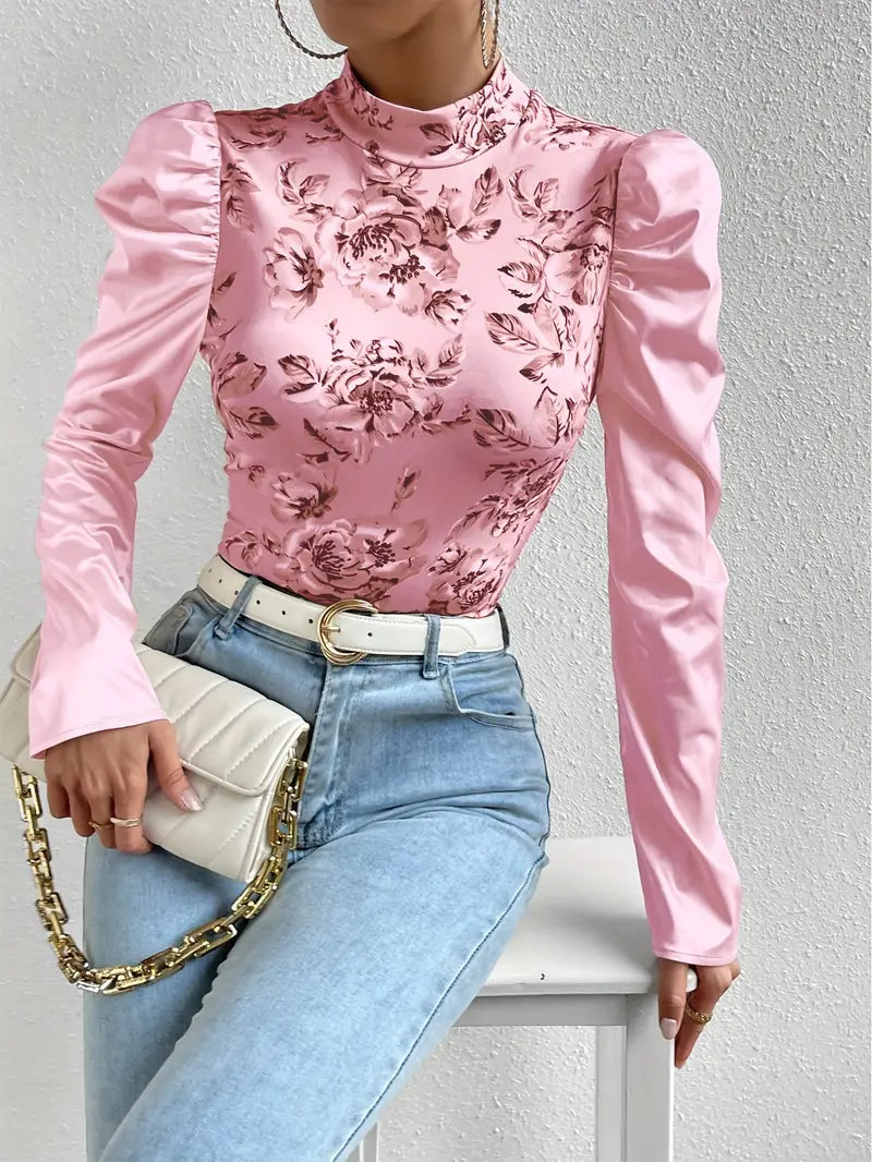 Uma - Elegant Floral Satin Top with Puff Sleeves and High Neckline