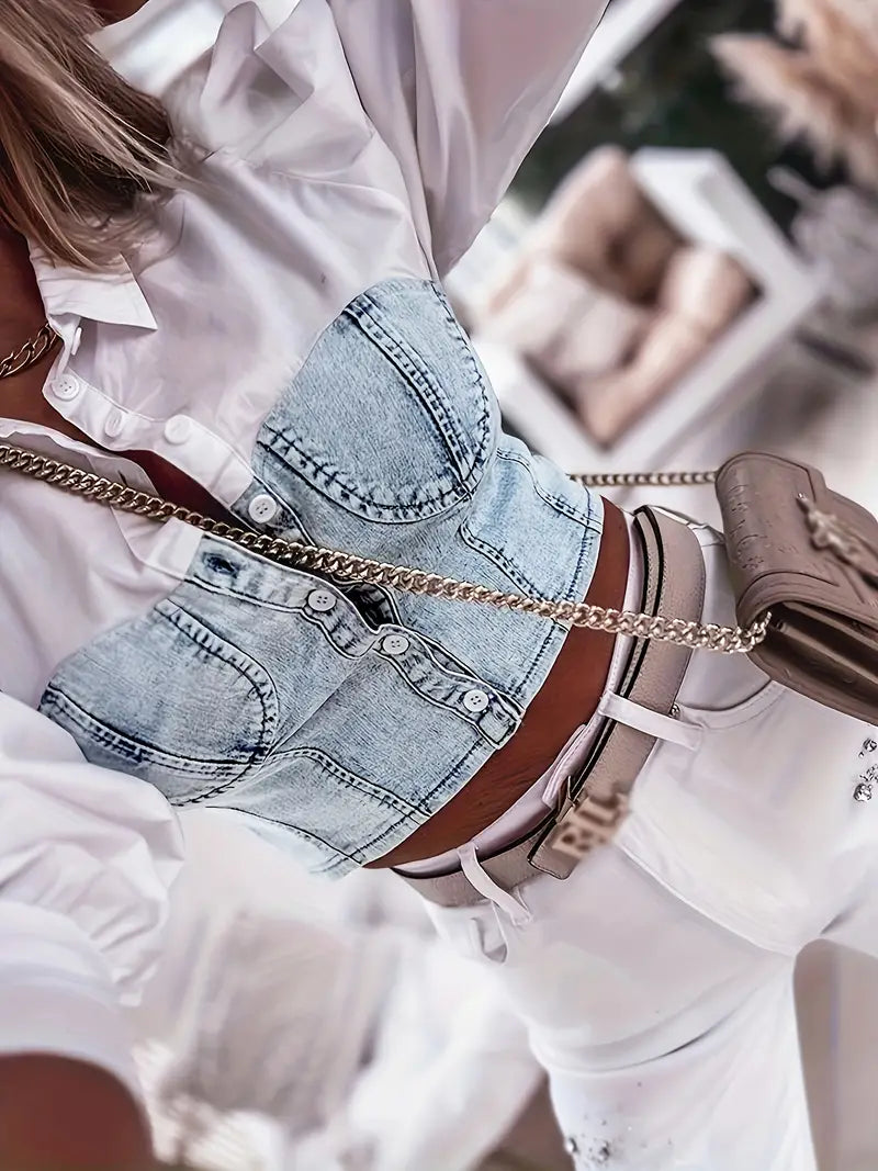 Meliora - Stylish Cotton Button-Down Shirt with Denim Bodice