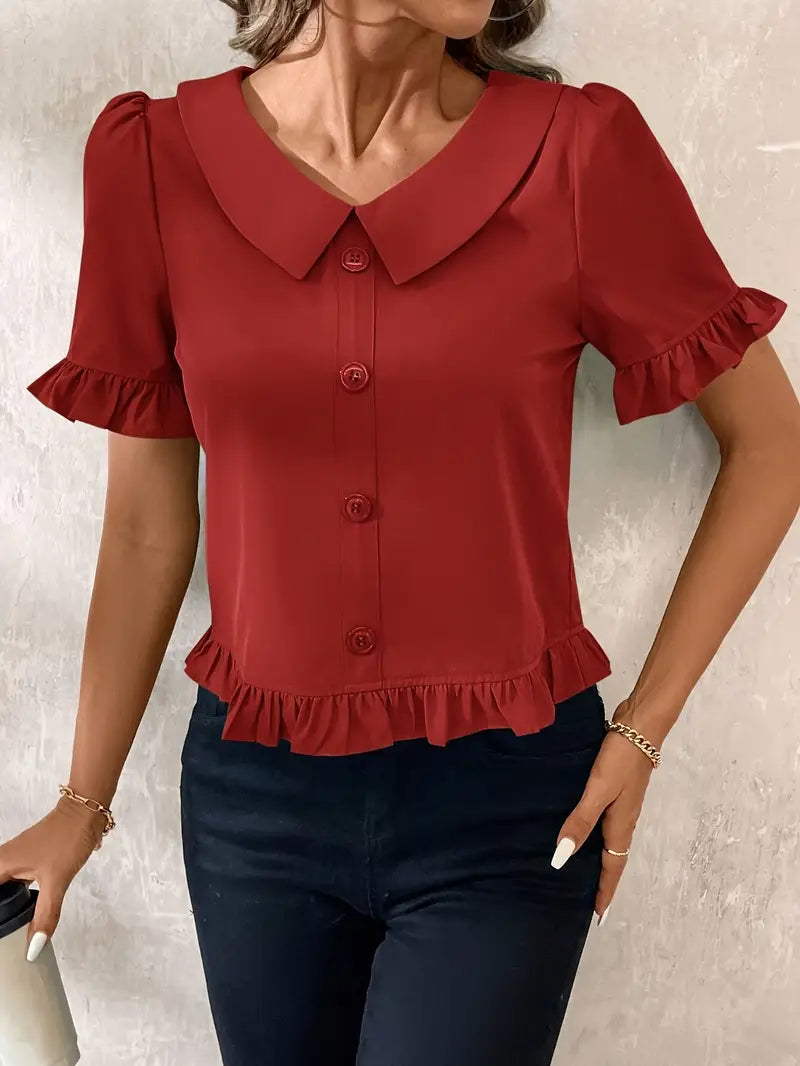 Diana - Elegant Blouse with Ruffle Trim and Button Front