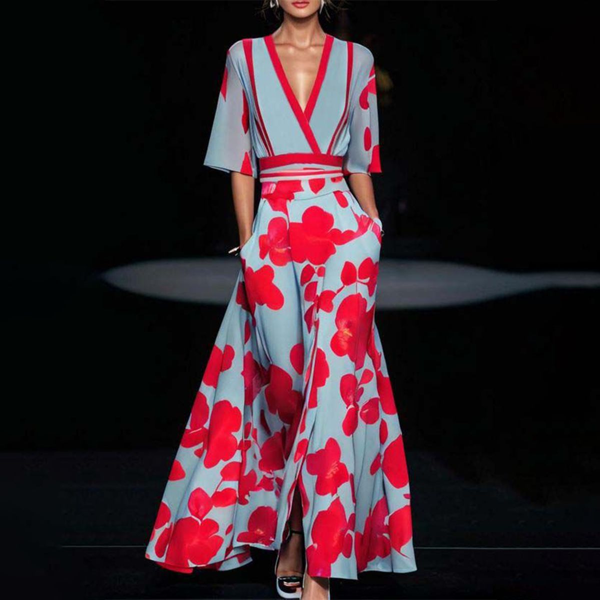 Fleur- Stunning Women's Long Dress with Deep V Neck and Flowing Skirt