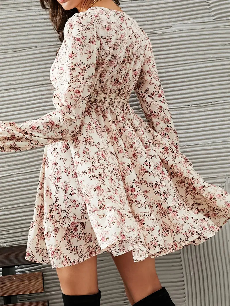Cara - Boho Floral Dress with Deep V-neck and Lace Details