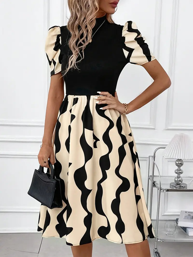 Jasmine - Elegant Midi Dress with Puff Sleeves and Striking Wave Print