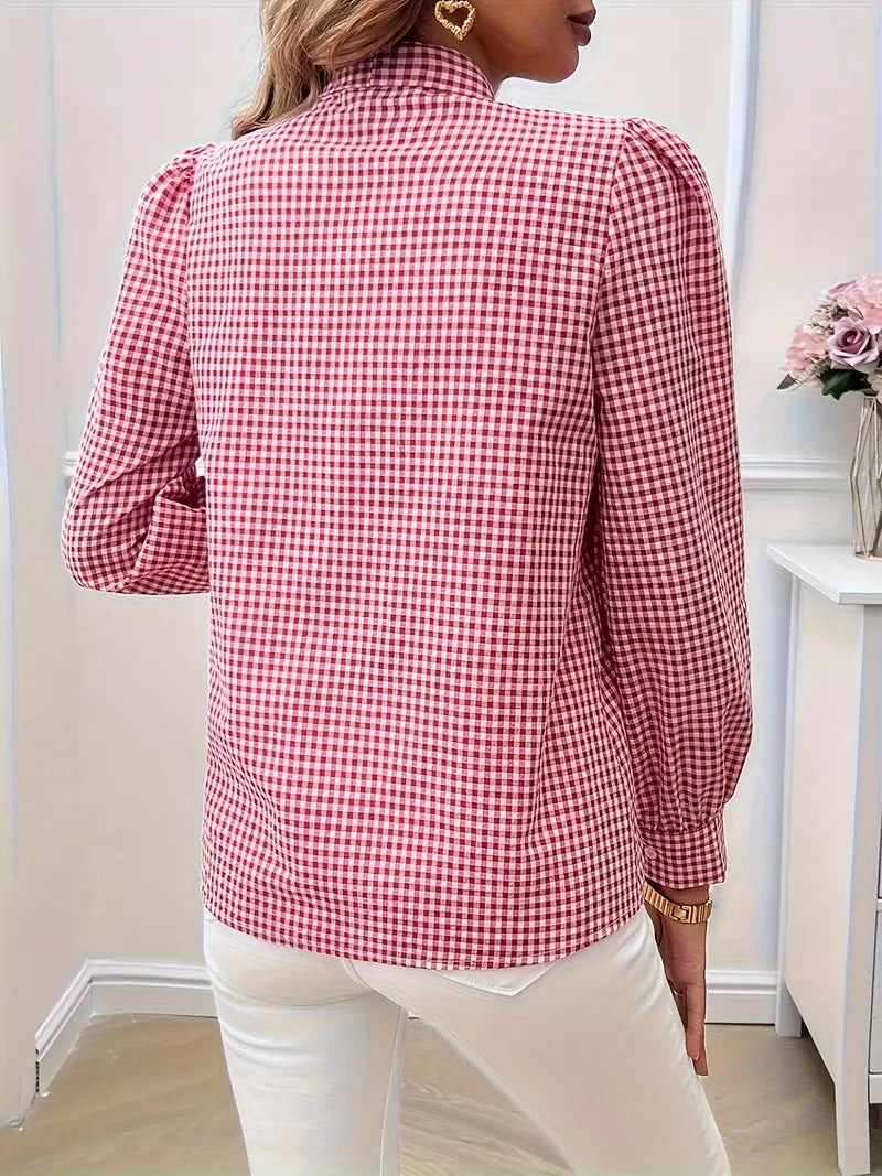 Karen - Charming Cotton Blouse with Bow Tie and Gingham Pattern