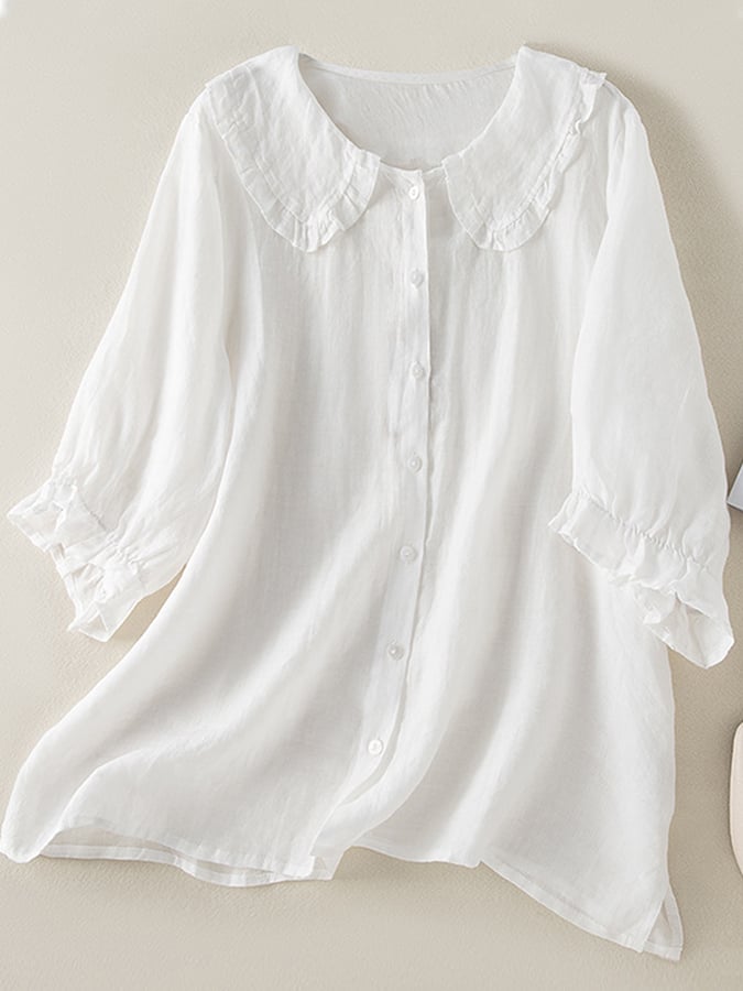 Clover- Stylish Women's Cotton Linen Loose Shirt with Peter Pan Ruffles