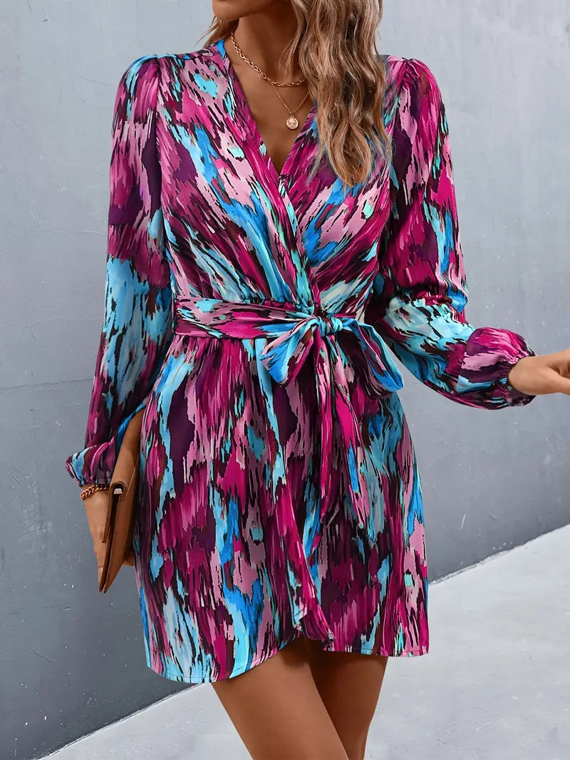 Jane - Colorful Long-sleeved Wrap Dress with Adjustable Waistband