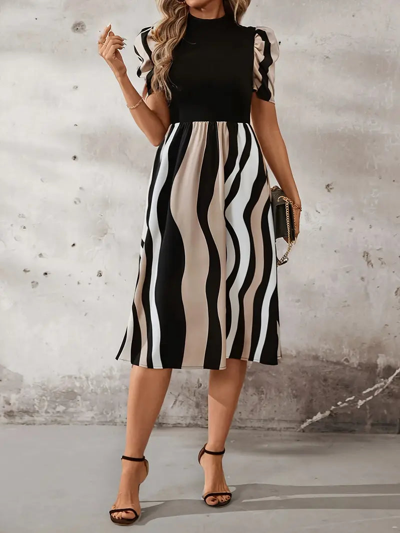 Jasmine - Elegant Midi Dress with Puff Sleeves and Striking Wave Print