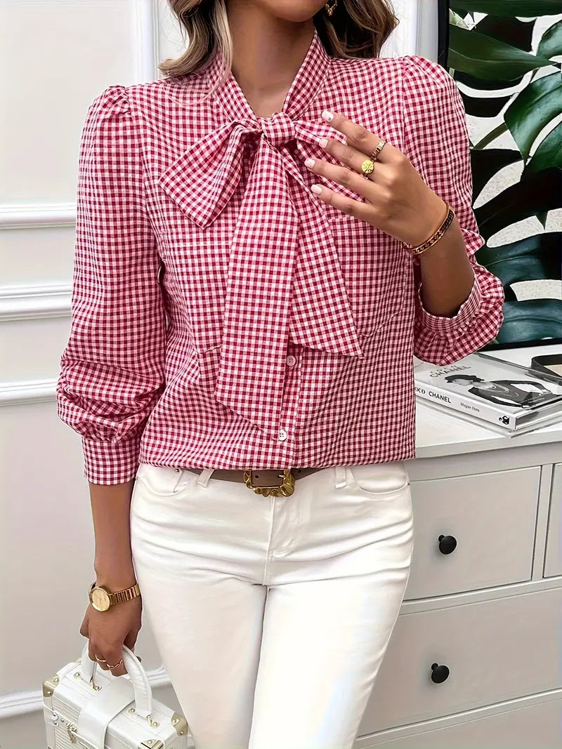 Karen - Charming Cotton Blouse with Bow Tie and Gingham Pattern