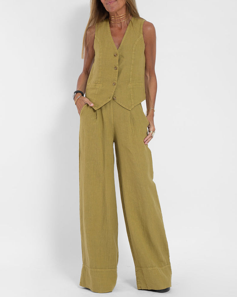 Alexandria - Women's Elegant 2-Piece Linen Set with Wide-Leg Trousers and Cardigan