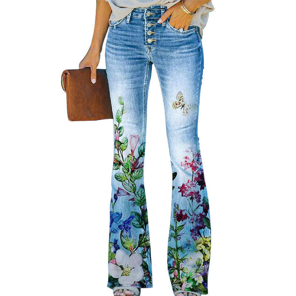Dania - Trendy Flared Jeans with Four Button Front and Floral Design