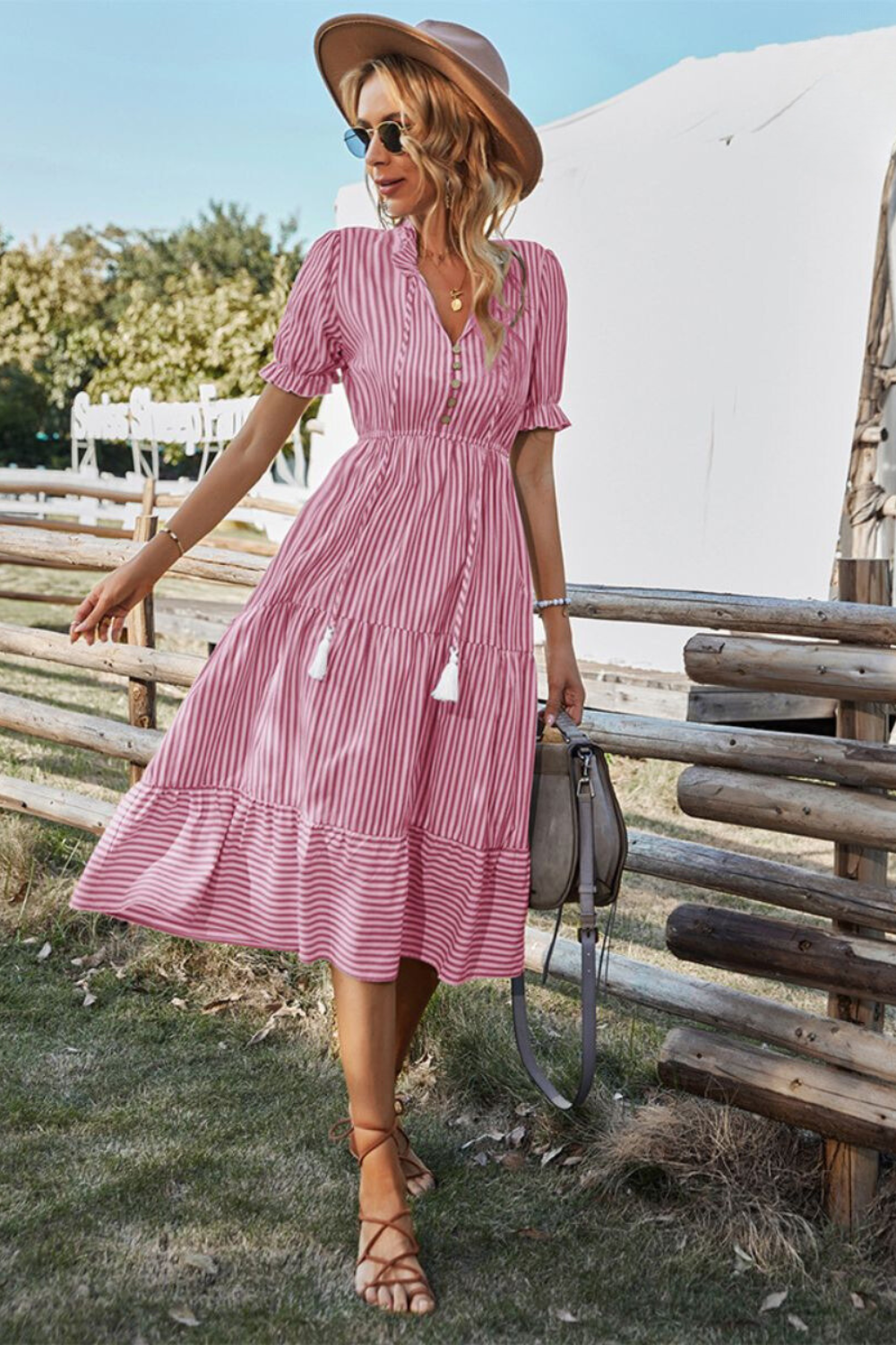 Laverne - Stylish Women's Midi Dress with V-neck and Tassel Details