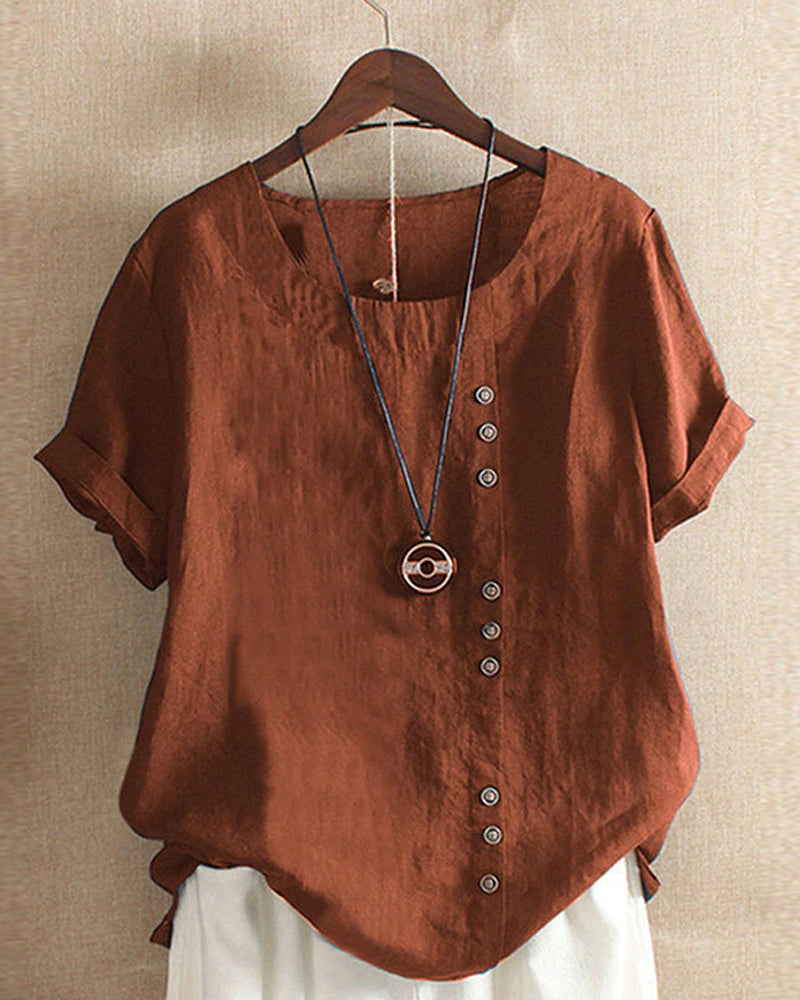 Adriana - Plain Short-Sleeved Blouse with Round Neck and Button Detail