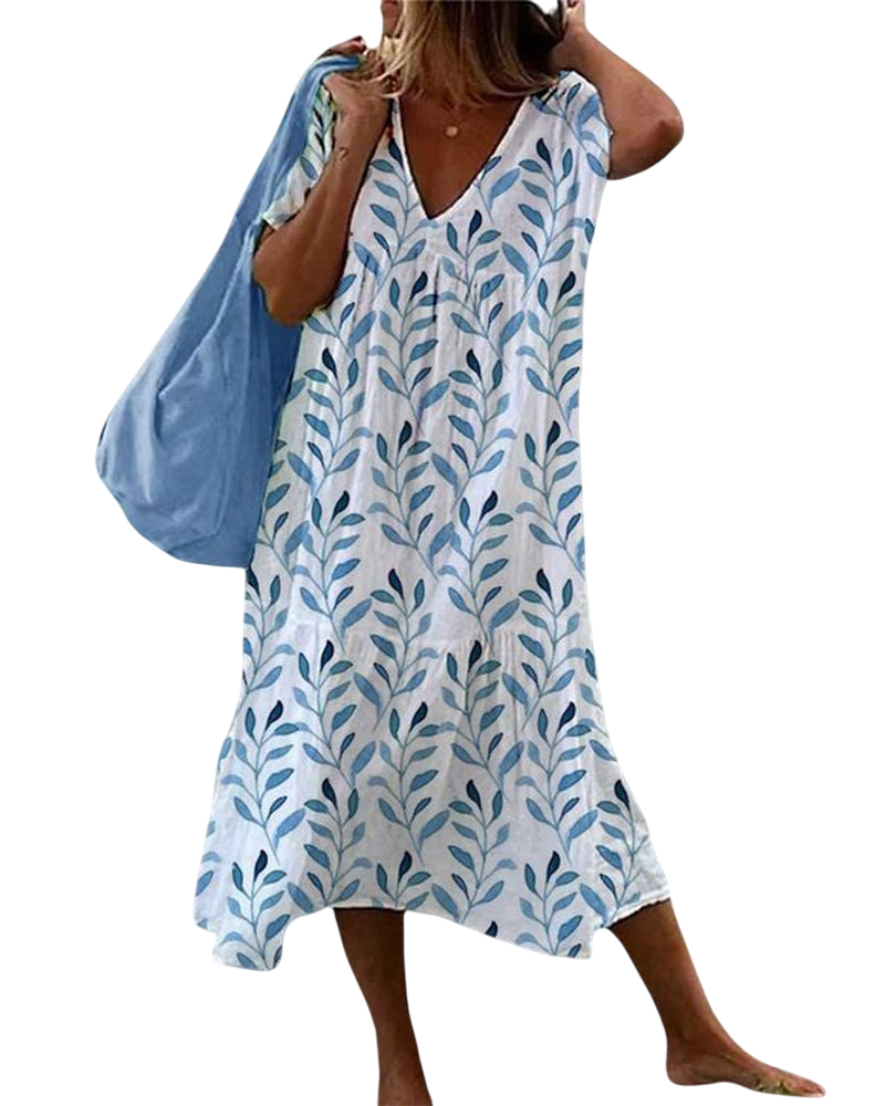 Theda - Elegant Women's V-neck Dress with Leaf Print