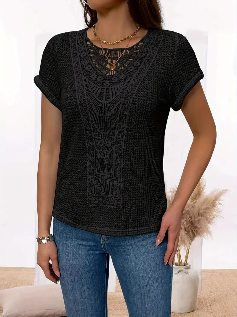 Bella - Stylish Crochet Knit Top with Vintage Charm and Lace Trim