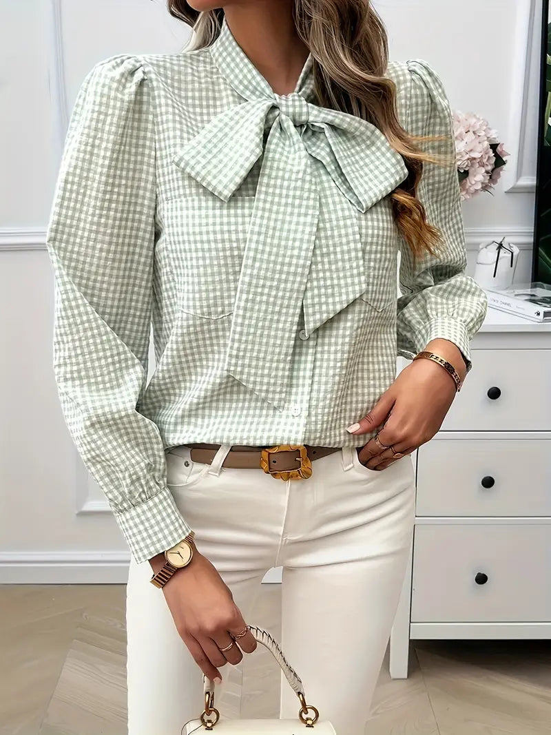 Karen - Charming Cotton Blouse with Bow Tie and Gingham Pattern