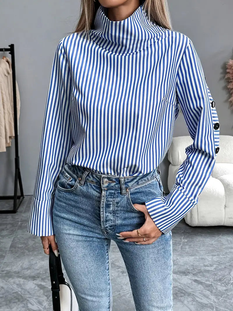 Kathleen - Stylish Striped Blouse with High Collar and Button Cuffs