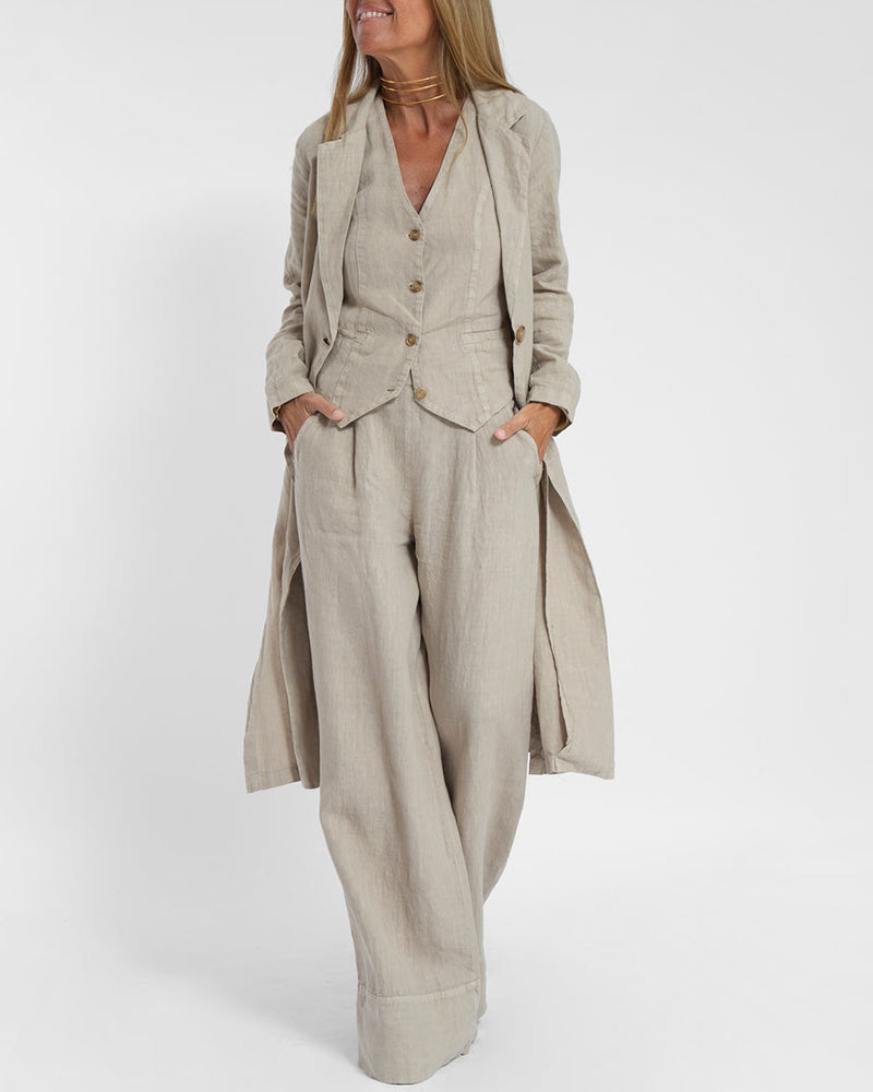 Alexandria - Women's Elegant 2-Piece Linen Set with Wide-Leg Trousers and Cardigan