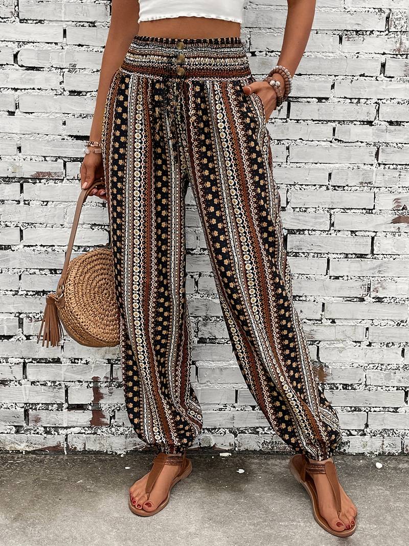 Carra - Stylish Women's Trousers with Gathered Waist and Tribal Print