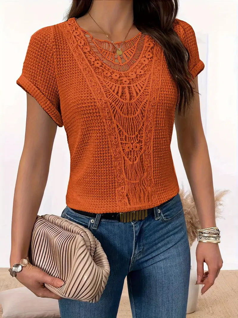 Bella - Stylish Crochet Knit Top with Vintage Charm and Lace Trim