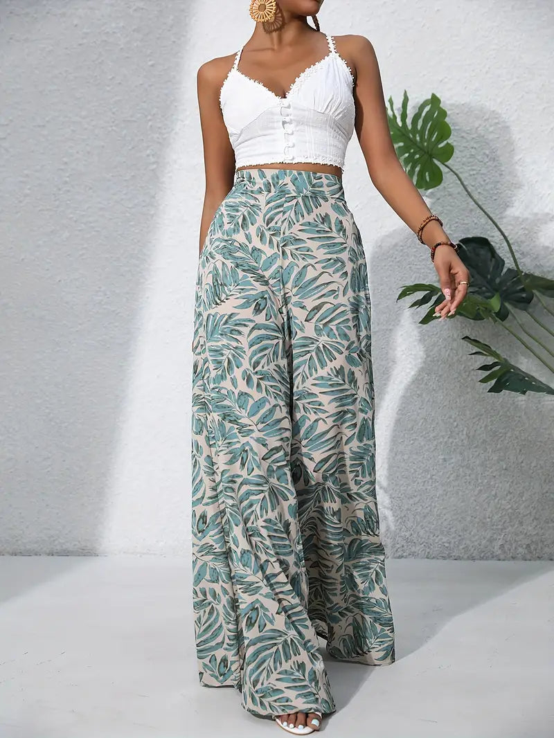 Bridget - Tropical Print Wide Leg Trousers for Effortless Chic Style