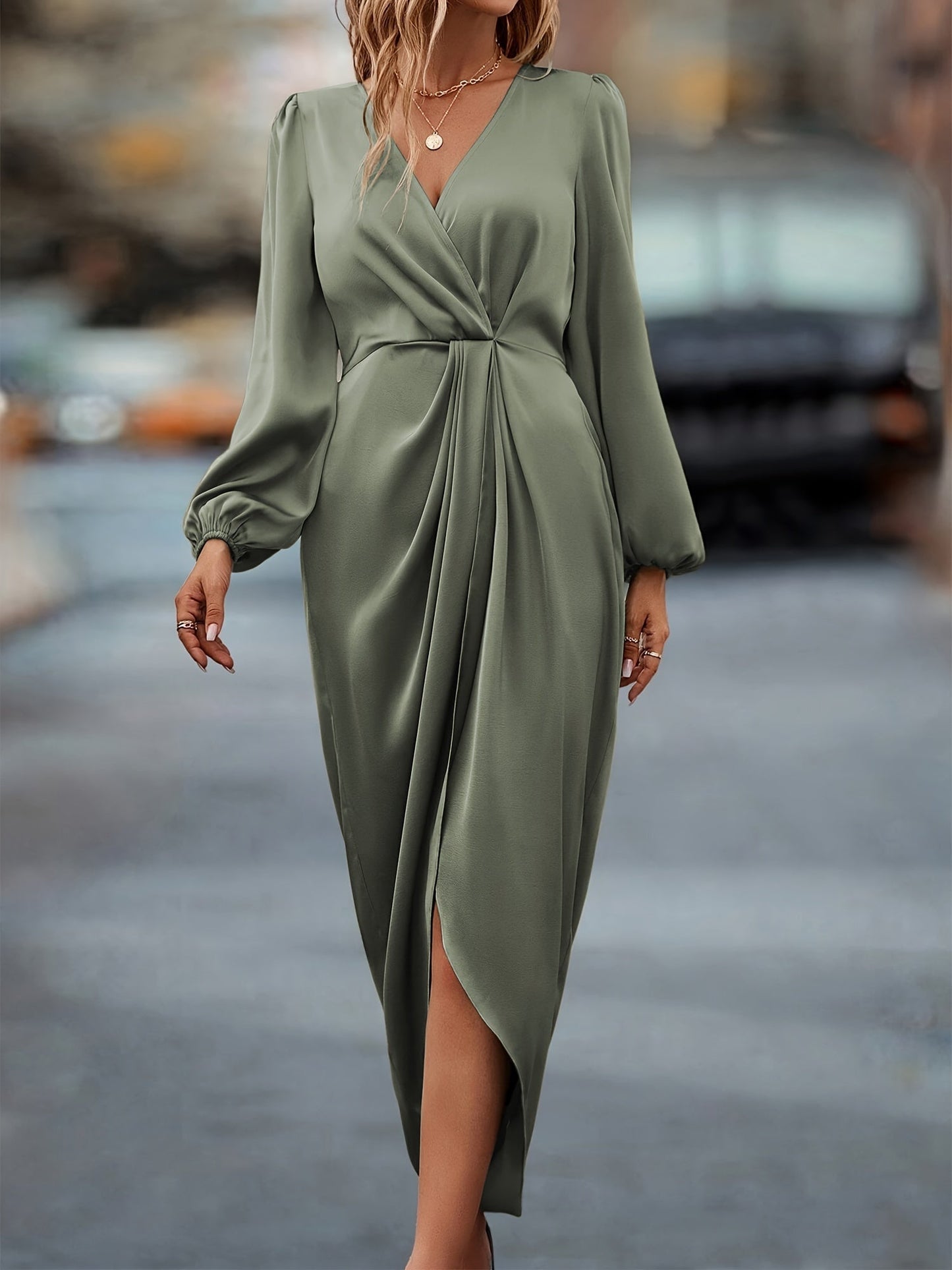Magdalena - Elegant Women's Wrap Midi Dress With Ruched Waist