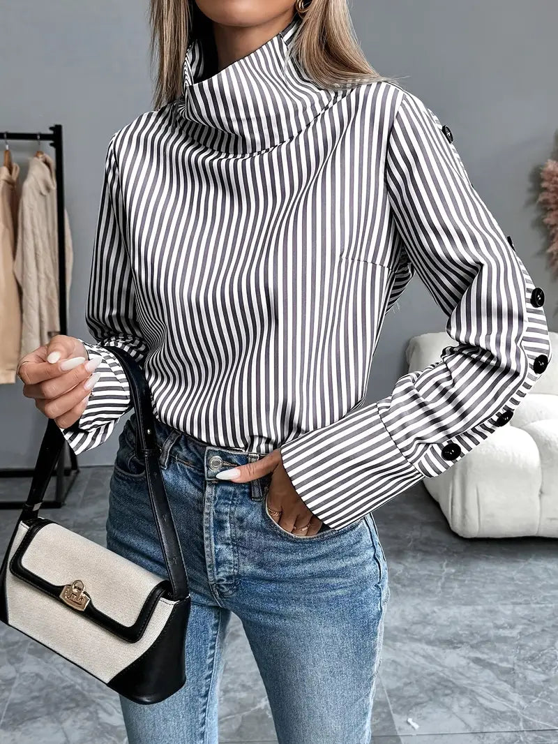 Kathleen - Stylish Striped Blouse with High Collar and Button Cuffs