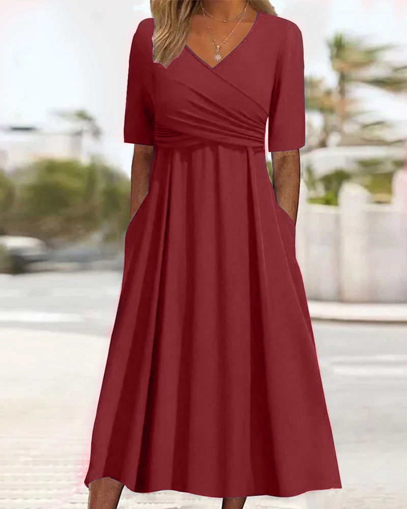 Monica - Elegant Crossover Midi Dress with A-line Silhouette and V-neck